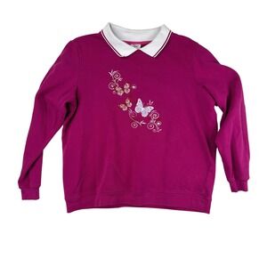 Adrian Delafield Magenta Butterfly Embroidered Collared Sweatshirt Pink VTG 90's
